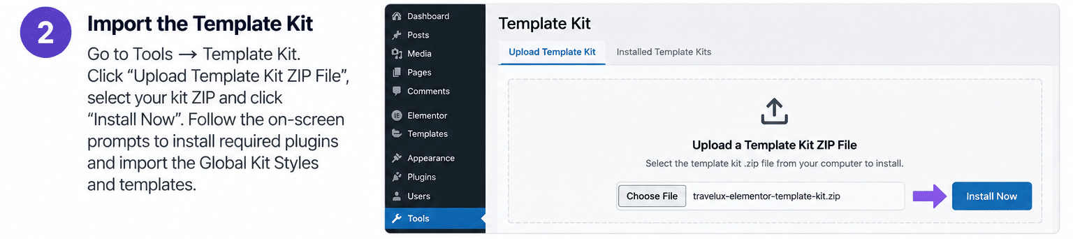 Import the Elementor Template Kit