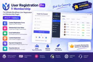 Get User Registration Pro & Membership 6.2.7 + Addons for WordPress. Create custom registration forms, manage users, and build membership websites.