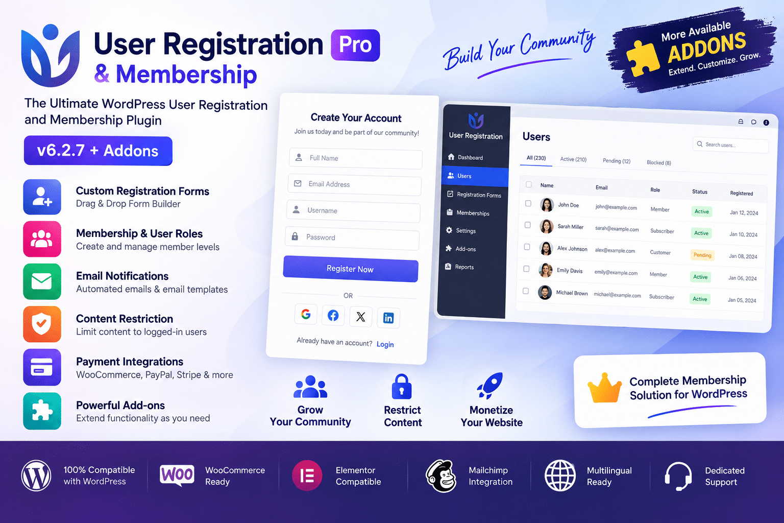 Get User Registration Pro & Membership 6.2.7 + Addons for WordPress. Create custom registration forms, manage users, and build membership websites.