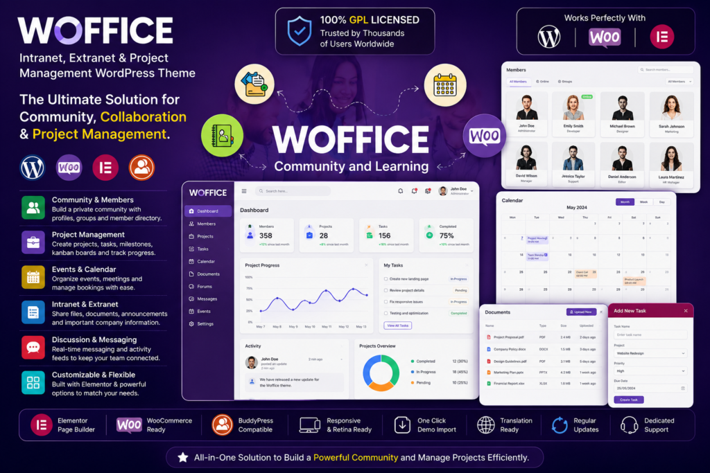 Woffice Intranet Extranet and Project Management WordPress Theme
